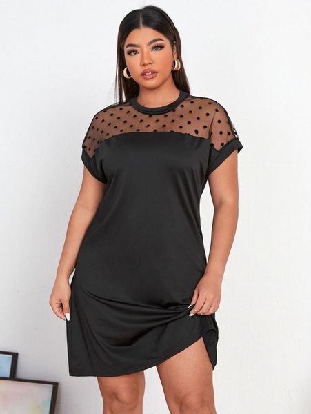 plus polka dot contrast mesh dress m2ph#, Black
