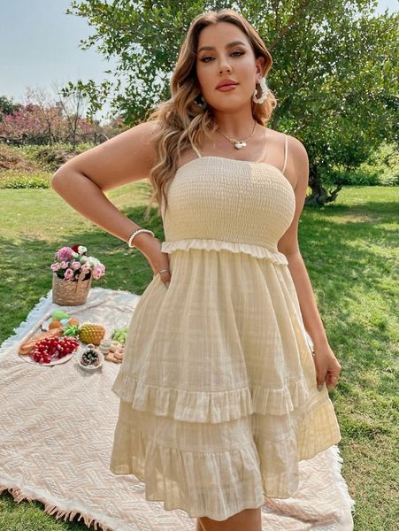 plus shirred bust ruffle trim cami dress d79c#, Black
plus shirred bust ruffle trim cami dress d79c#, Black