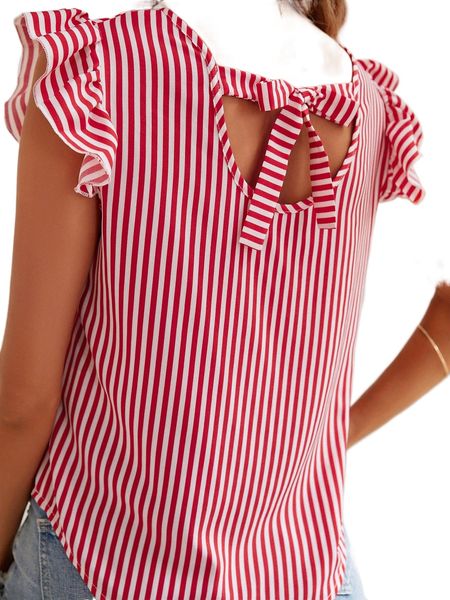 striped tie back flutter sleeve blouse j1tw#, White 
striped tie back flutter sleeve blouse j1tw#, White