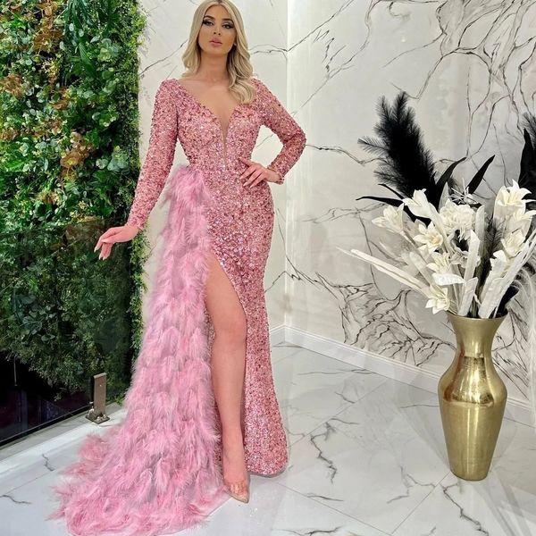 feathers elegant pink prom dresses sequined long sleeves evening dress custom made high split glitter red carpet celebrity party gown, Black;red
feathers elegant pink prom dresses sequined long sleeves evening dress custom made high split glitter red carpet celebrity party gown, Black;red