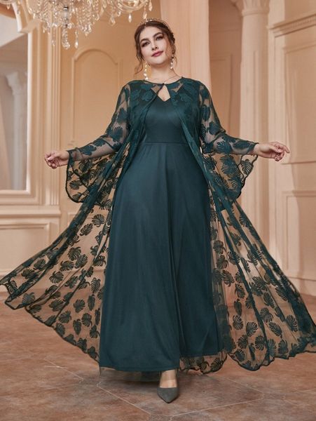 plus solid dress & flounce sleeve lace coat v2rv#, Black
plus solid dress & flounce sleeve lace coat v2rv#, Black