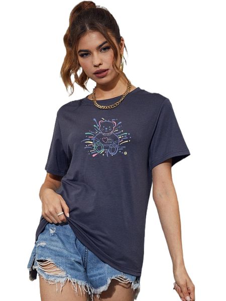 bear print round neck tee f0qg#, White