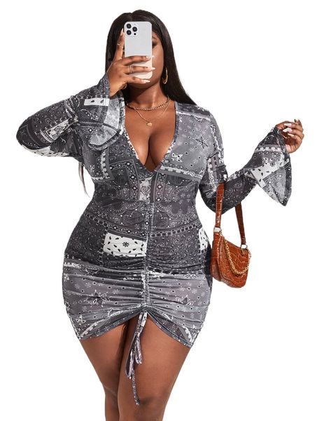 sxy plus paisley and scarf print drawstring plunging neck flounce sleeve bodycon dress x8wa#, Black
sxy plus paisley and scarf print drawstring plunging neck flounce sleeve bodycon dress x8wa#, Black
