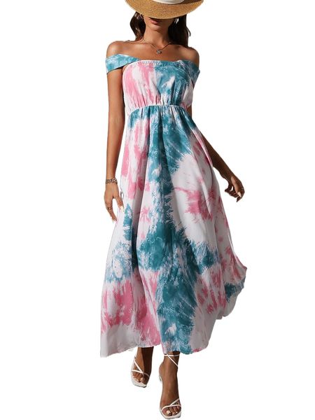 tie dye off shoulder a-line dress r7uz#, Black;gray 
tie dye off shoulder a-line dress r7uz#, Black;gray