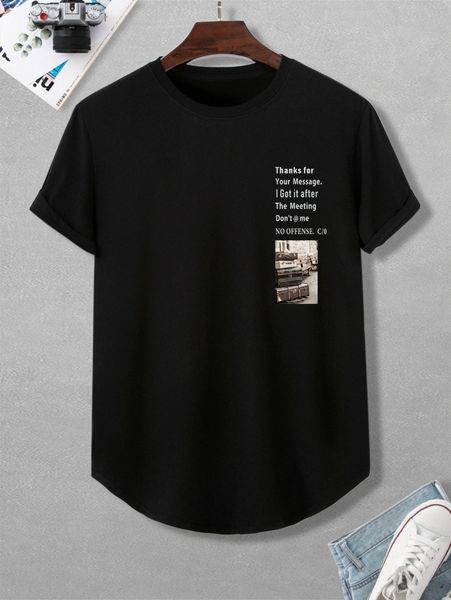 men slogan graphic curved hem tee s6ch#, White;black 
men slogan graphic curved hem tee s6ch#, White;black