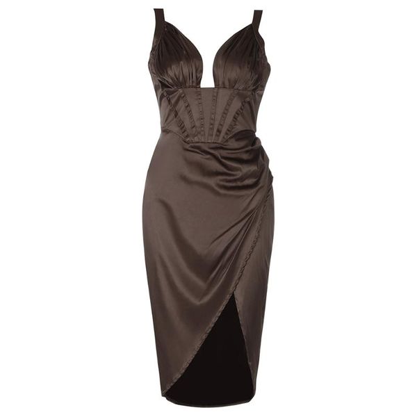 women summer satin brown deep v-neck sleeveless backless high split party club midi dress, Black;gray
women summer satin brown deep v-neck sleeveless backless high split party club midi dress, Black;gray