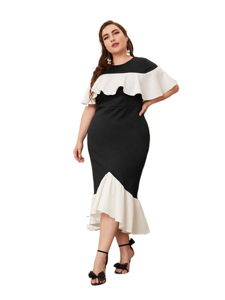plus two tone ruffle trim mermaid hem dress n4gm#, Black