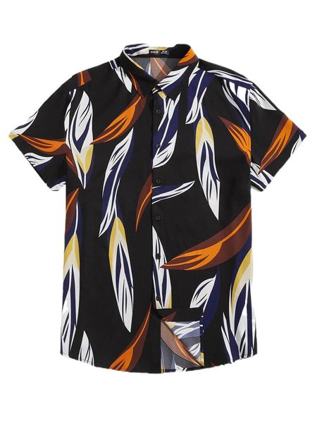 extended sizes men leaf print shirt t742#, White;black 
extended sizes men leaf print shirt t742#, White;black