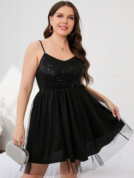 plus sequins panel mesh cami dress k0xl#, Black