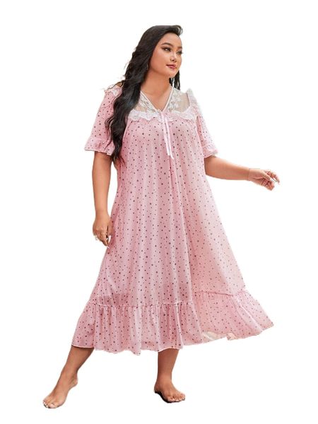 plus star print contrast lace flounce sleeve ruffle hem night dress l8ih#, Black;white
plus star print contrast lace flounce sleeve ruffle hem night dress l8ih#, Black;white