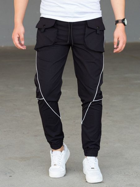 men contrast piping flap pocket drawstring waist cargo pants b1go#, Black
men contrast piping flap pocket drawstring waist cargo pants b1go#, Black