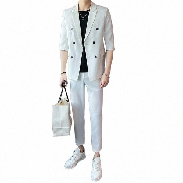 men's suits & blazers double breasted tuxedo suit men business work wedding formal sets solid jacket with pants slim fit korean summer, White;black 
men's suits & blazers double breasted tuxedo suit men business work wedding formal sets solid jacket with pants slim fit korean summer, White;black