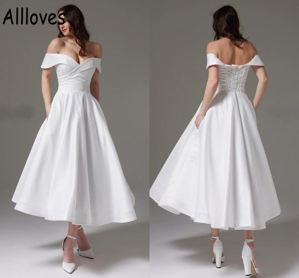 tea length short wedding gowns off the shoulder simple satin a line beach bridal dresses lace-up back plus size elegant bride second recepti, White
tea length short wedding gowns off the shoulder simple satin a line beach bridal dresses lace-up back plus size elegant bride second recepti, White