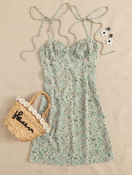 knotted shoulder ruched bust ditsy floral cami dress q71w#, Black;gray
