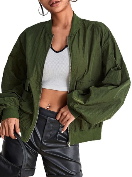 zip up drop shoulder bomber jacket 10wt#, Black;brown