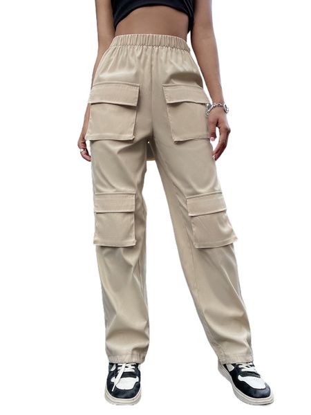 elastic waist flap pocket cargo pants j13j#, Black;white 
elastic waist flap pocket cargo pants j13j#, Black;white