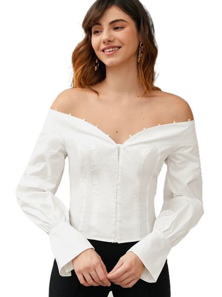 solid off the shoulder button up blouse z0hg#, White 
solid off the shoulder button up blouse z0hg#, White