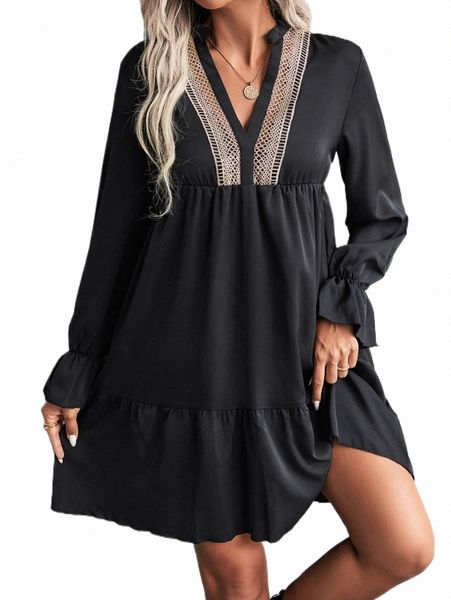 guipure lace insert flounce sleeve ruffle hem dress z0c5#, Black;gray