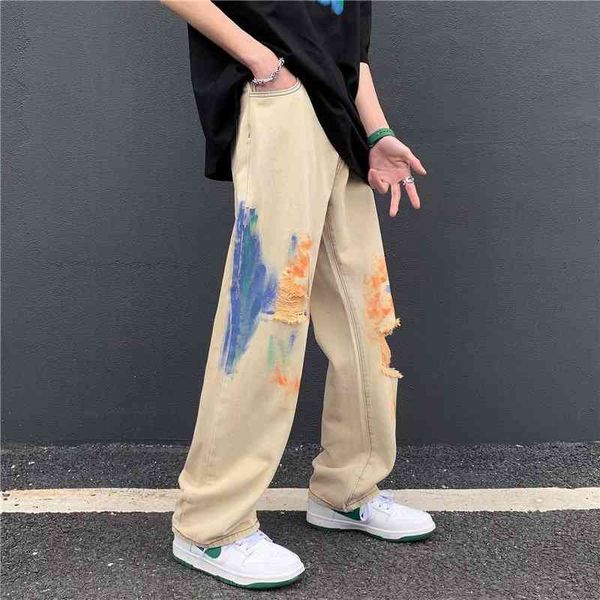 men straight jeans summer simple style hole painted denim pants street hip-hop retro loose male trousers fashion, Blue
men straight jeans summer simple style hole painted denim pants street hip-hop retro loose male trousers fashion, Blue