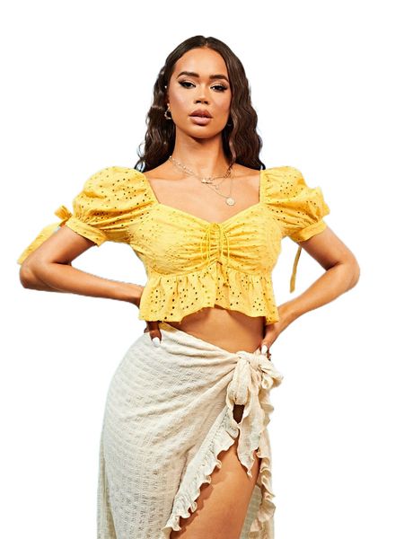 sweetheart neck puff sleeve knot cuff ruffle hem schiffy crop blouse v2mp#, White
sweetheart neck puff sleeve knot cuff ruffle hem schiffy crop blouse v2mp#, White
