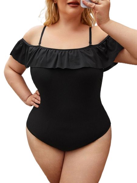 plus rib ruffle trim cold shoulder one piece swimsuit e42s#, White;black