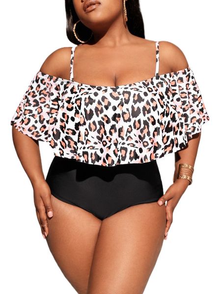 plus leopard print cold shoulder ruffle trim bikini swimsuit n2mq#, White;black
plus leopard print cold shoulder ruffle trim bikini swimsuit n2mq#, White;black