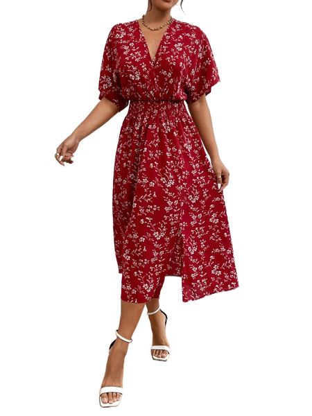 allover floral print split hem dress 18dm#, Black;gray