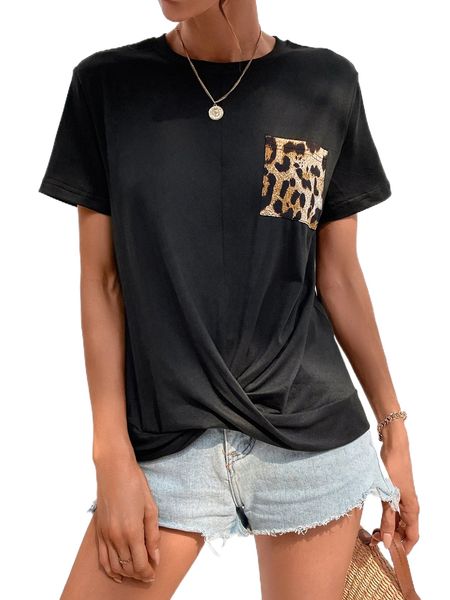 leopard print patched pocket twist hem tee o0si#, White
leopard print patched pocket twist hem tee o0si#, White