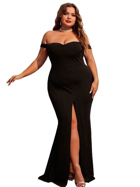 plus off shoulder split thigh dress c3la#, Black