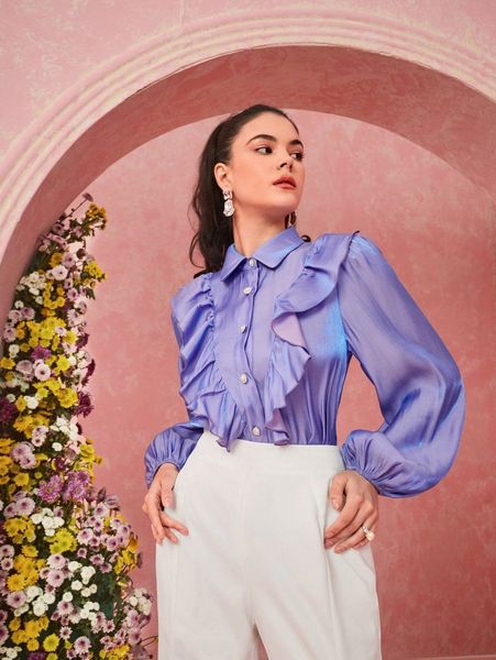 bishop sleeve ruffle trim blouse 88sr#, White
bishop sleeve ruffle trim blouse 88sr#, White