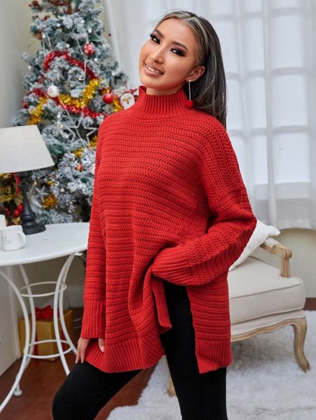 drop shoulder split hem sweater 96mp#, White;black
