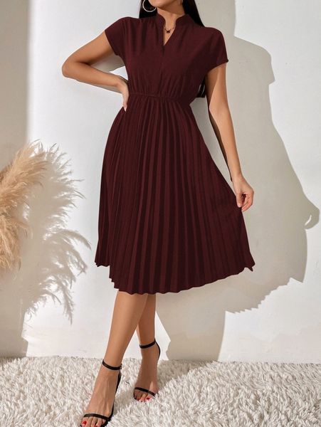 pleated hem notched neckline a-line dress l3wk#, Black;gray