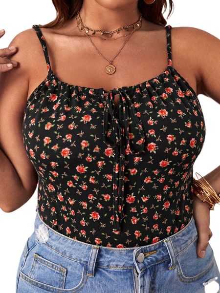 plus ditsy floral print knot front cami e5xi#, Black