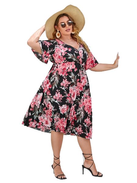plus allover floral print surplice neck pleated hem a-line dress 643p#, Black