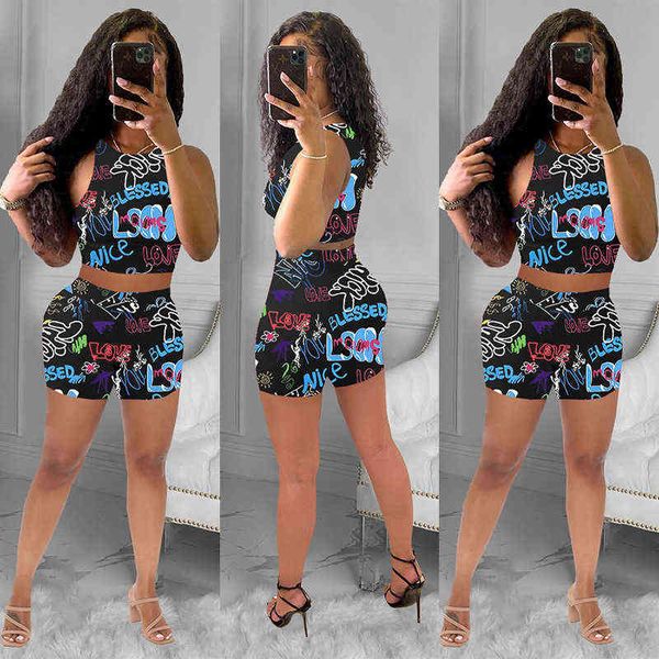 m2034 women's casual print two piece set, White