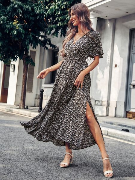 ditsy floral butterfly sleeve split thigh dress 17ir#, Black;gray