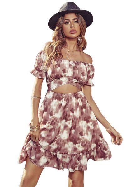 tie dye off shoulder cut out ruffle hem dress s2fa#, Black;gray