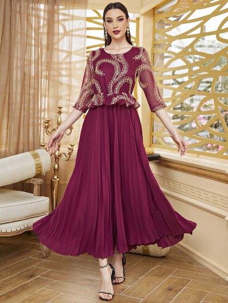embroidery pleated dress without belt v34y#, Black;gray