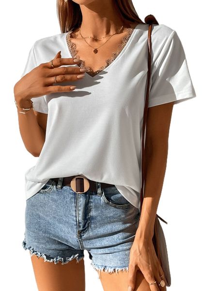 contrast lace trim tee r8wl#, White
contrast lace trim tee r8wl#, White