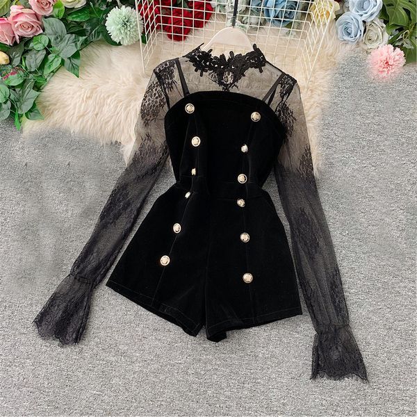 women's jumpsuits rompers two set autumn long sleeve lace embroidery shirt women double breasted playsuits slim velvet jumpsuits female, Black;white
women's jumpsuits rompers two set autumn long sleeve lace embroidery shirt women double breasted playsuits slim velvet jumpsuits female, Black;white