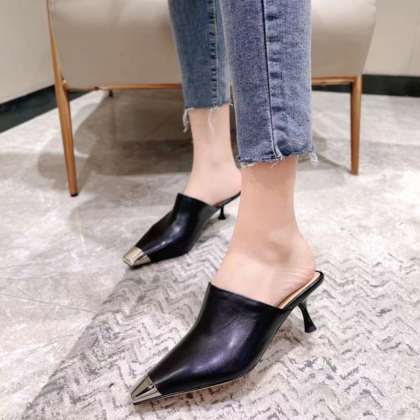new genuine leather slippers high heels metal decoration pumps square toe designer shoes zapatillas mujer women shoes, Black
new genuine leather slippers high heels metal decoration pumps square toe designer shoes zapatillas mujer women shoes, Black