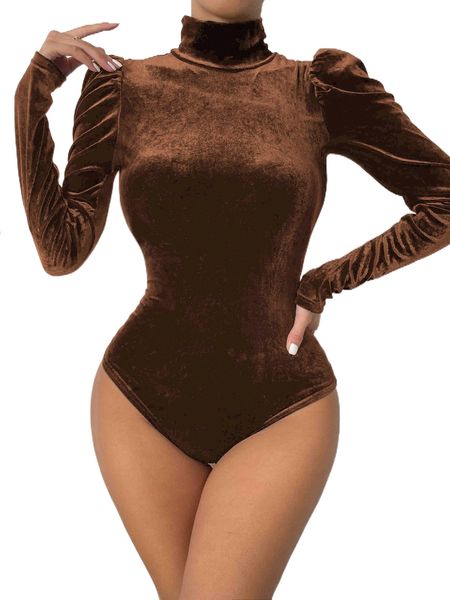 high neck gigot sleeve velvet bodysuit a5js#, White