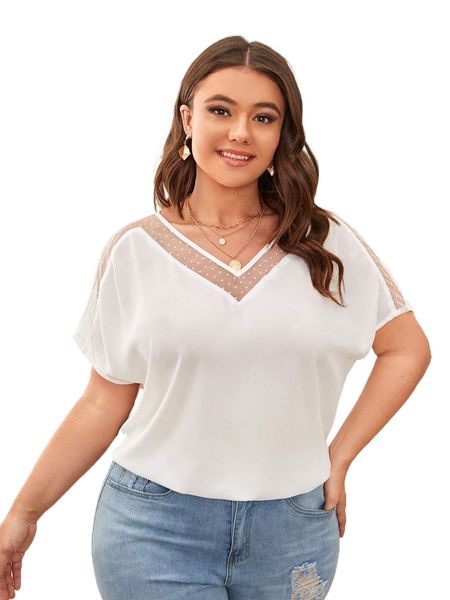 plus contrast dobby mesh dolman sleeve blouse 58eo#, Black