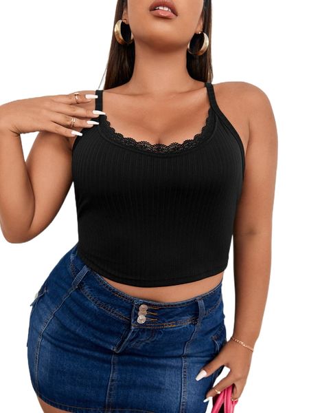 plus lace trim crop cami d81l#, Black