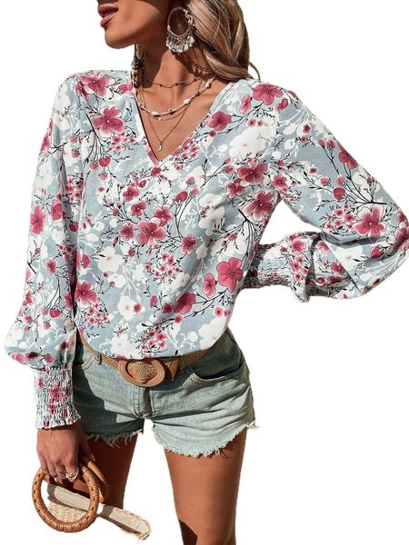 floral print shirred lantern sleeve blouse e6vr#, White
floral print shirred lantern sleeve blouse e6vr#, White