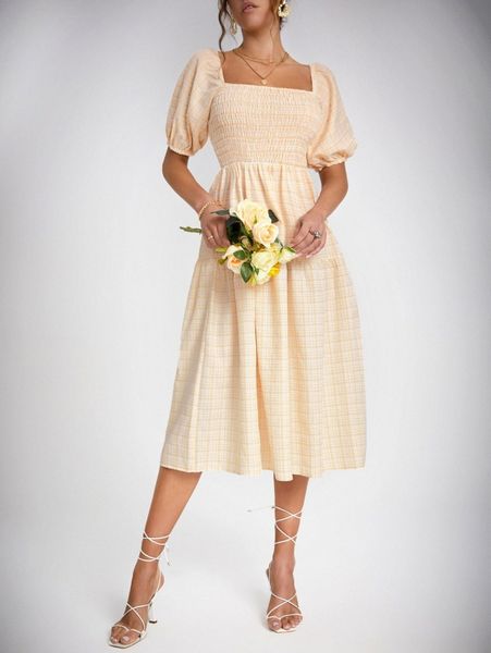 tall plaid print puff sleeve shirred back dress 45kz#, Black;gray