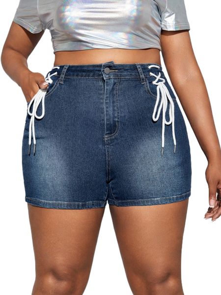 sxy plus lace up denim shorts q992#, White;black