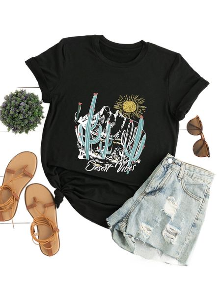 plus cactus & letter graphic tee e10a#, Black
plus cactus & letter graphic tee e10a#, Black