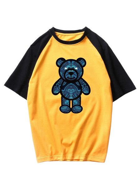 men bear print contrast raglan sleeve tee j3hl#, White;black 
men bear print contrast raglan sleeve tee j3hl#, White;black