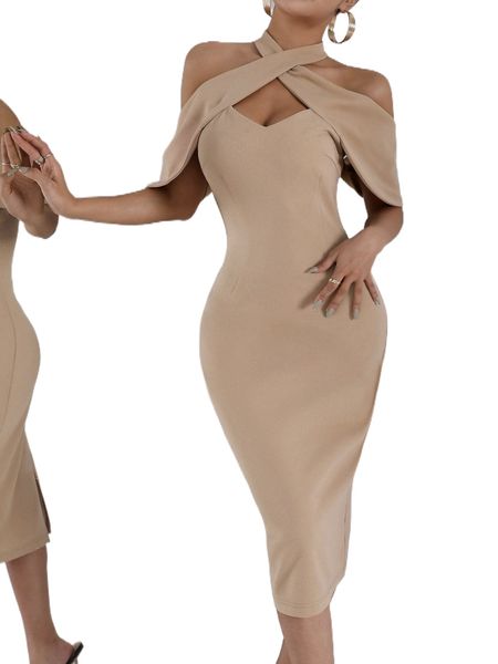 cross cold shoulder split back bodycon dress 81vb#, Black;gray